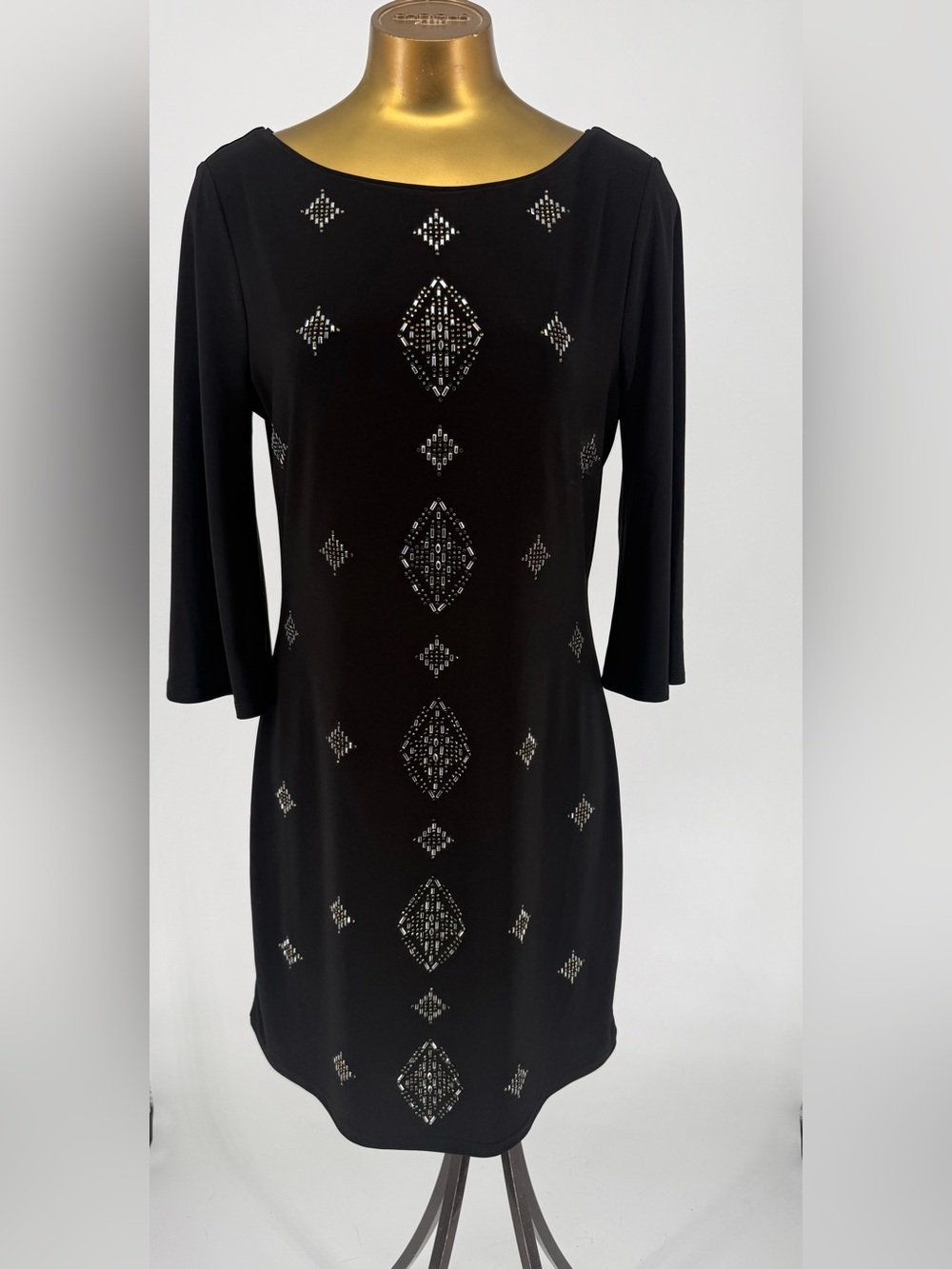 White House Black Market Black Beaded 3/4 Sleeve Dress Size Medium